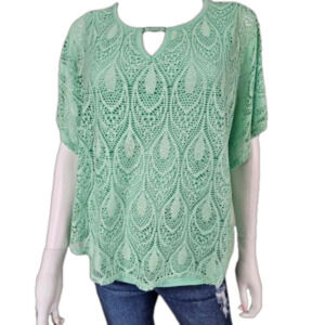 JM Collection Batwing Faux Lace Overlay Short Sleeve Tunic Size PM